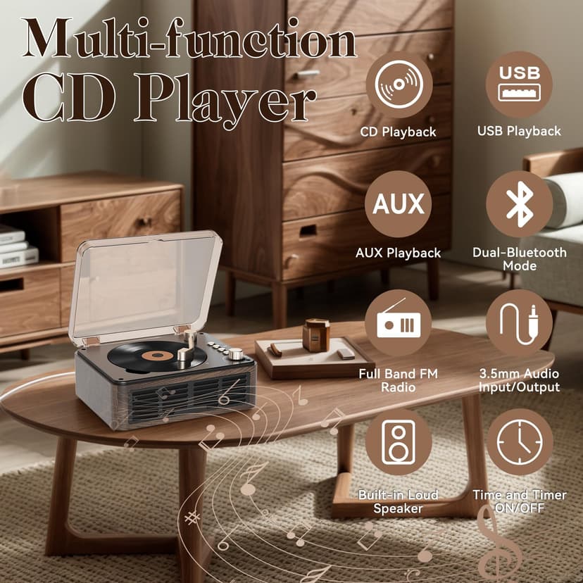 Gueray CD Player with Speakers HiFi Stereo Sound Vintage CD Player Bluetooth for Home, Retro Wood CD Players FM Radio with Remote Control, Support USB/AUX/Type-C Playback for Audio Books - 2