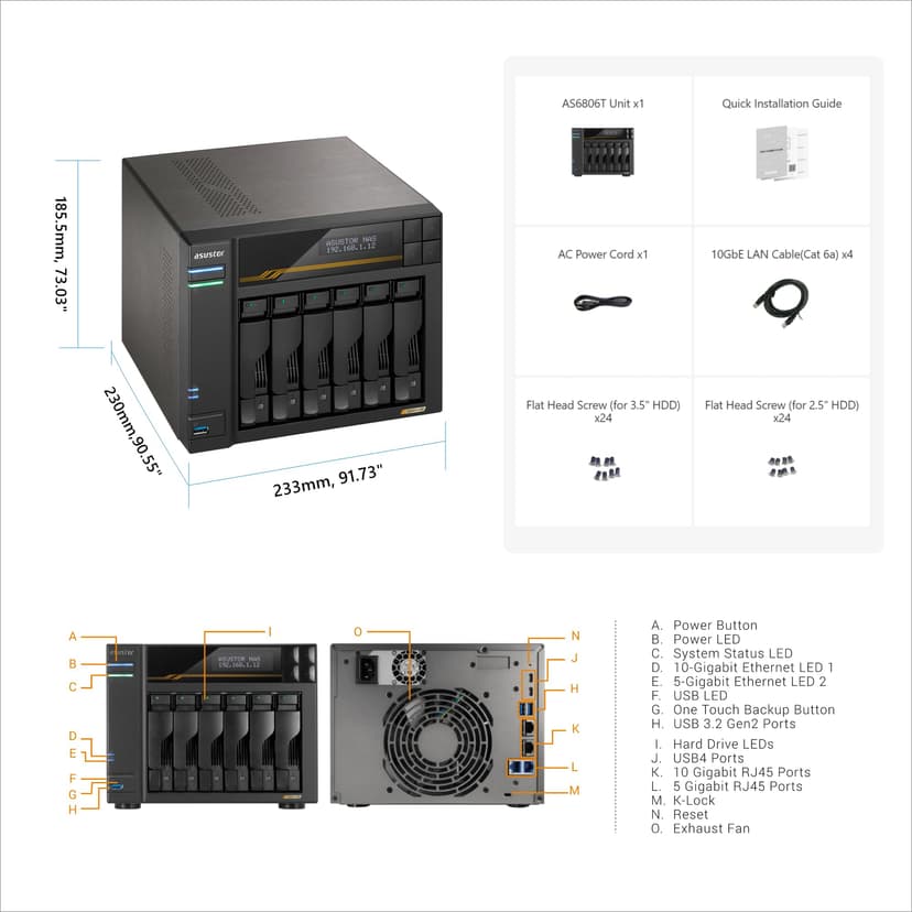 Asustor Lockerstor 6 Gen3 AS6806T 6 Bay NAS, AMD Ryzen Quad-Core 2.3 GHz, 16GB RAM ECC DDR5, 4 M.2 NVMe Slots, Dual 5GbE and Dual 10GbE Port, USB4 Type-C, Network Attached Storage (Diskless) - 3
