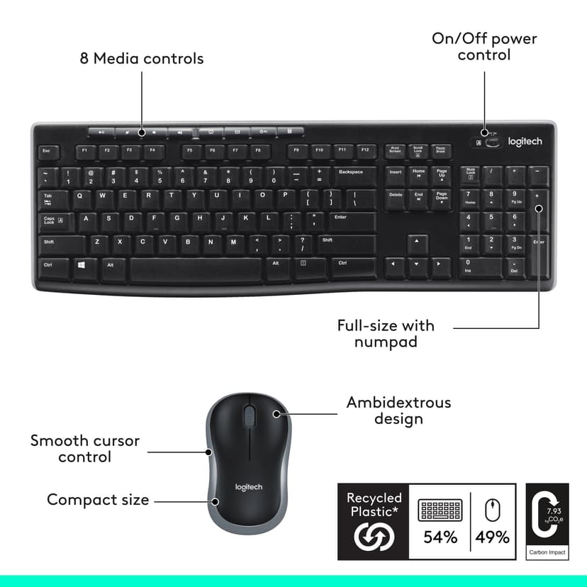 Logitech MK270 Wireless Keyboard and Mouse Combo for Windows, 2.4 GHz Wireless, Compact Mouse, 8 Multimedia and Shortcut Keys, 2-Year Battery Life, for PC, Laptop, QWERTY UK English Layout - Black - 8