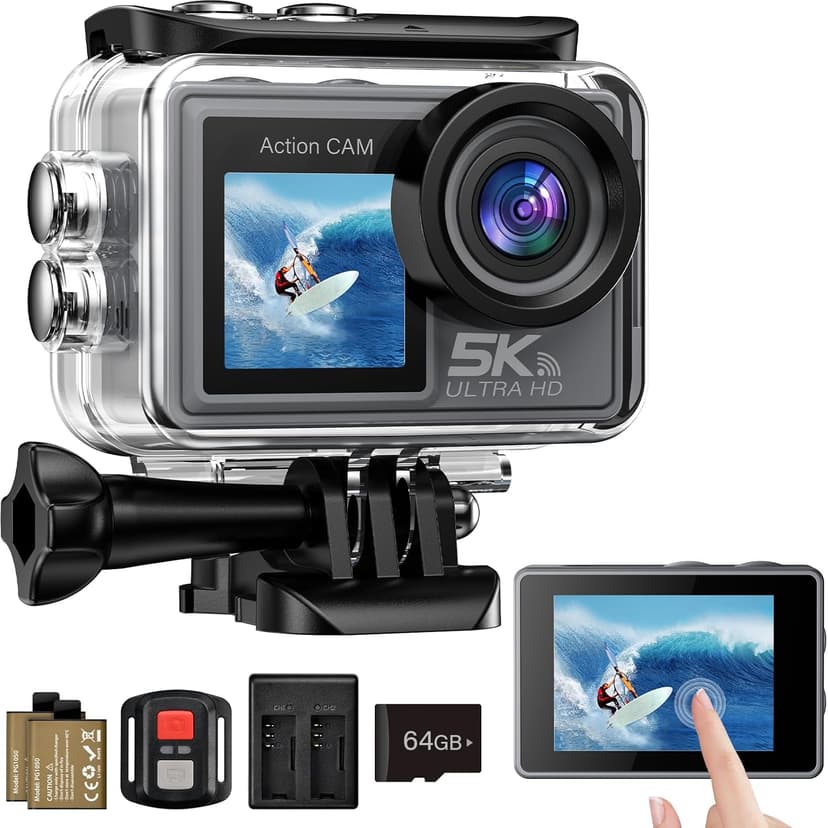 Ruycllo Caméra Sport 5K/4K, 50MP Caméra d'action avec 64GB Carte, 30M/98FT Camera Étanche- Stabilisation EIS, Grand Angle 170°, WiFi Camera Casque Moto, Appareil Photo Étanche pour Plongée, Vlog, Vélo - 1