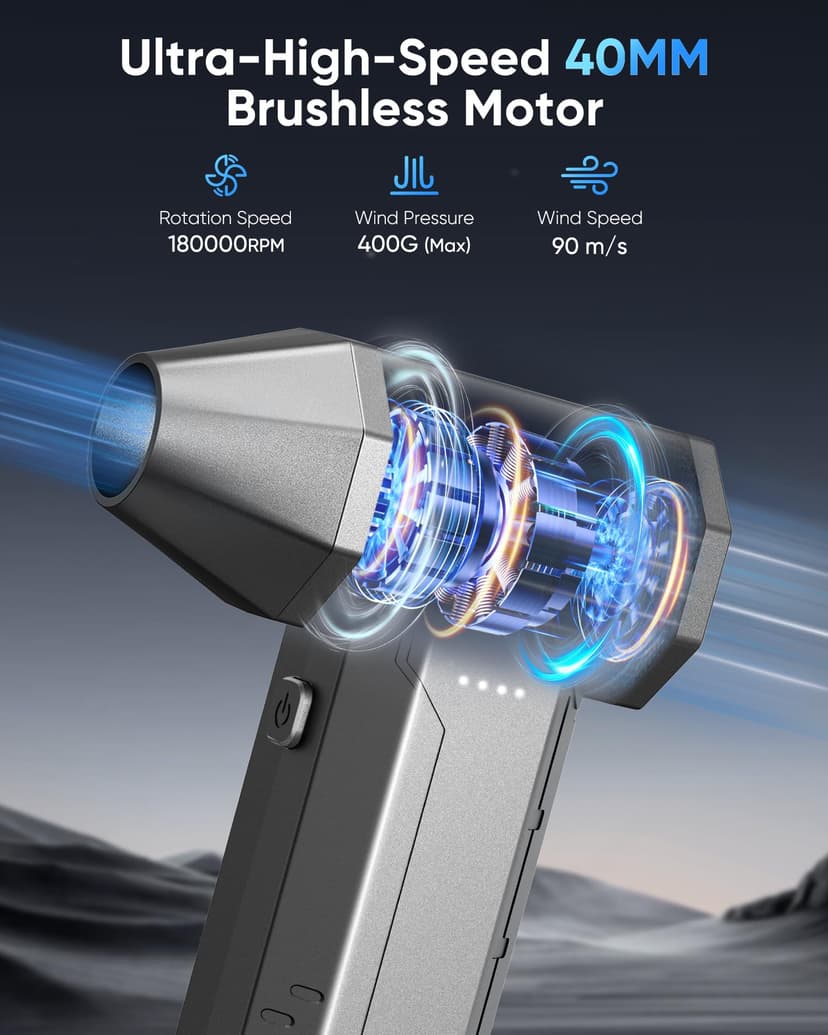 Yeeke Compressed Air Duster, Air Blower 180000 RPM & 400 G Wind Pressure, AST Charging Air Duster Electric with 10000 mAh Battery, 4-Gear Computer Air Duster PC Cleaner with LED Light for Cleaning - 2