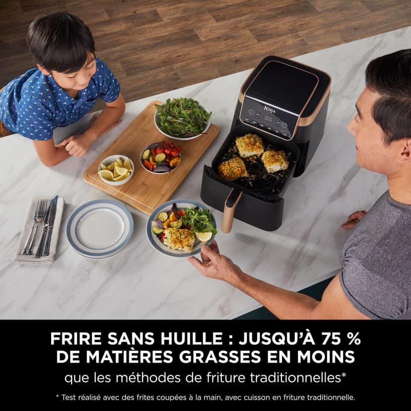 Ninja Air Fryer MAX PRO, 6,2 L, Grand tiroir, rôtir, cuire au four, frire sans huile, familial, antiadhésif, panier/plaque croustillante compatibles lave-vaisselle, pinces, noir/cuivre, AF180EUCP - 8