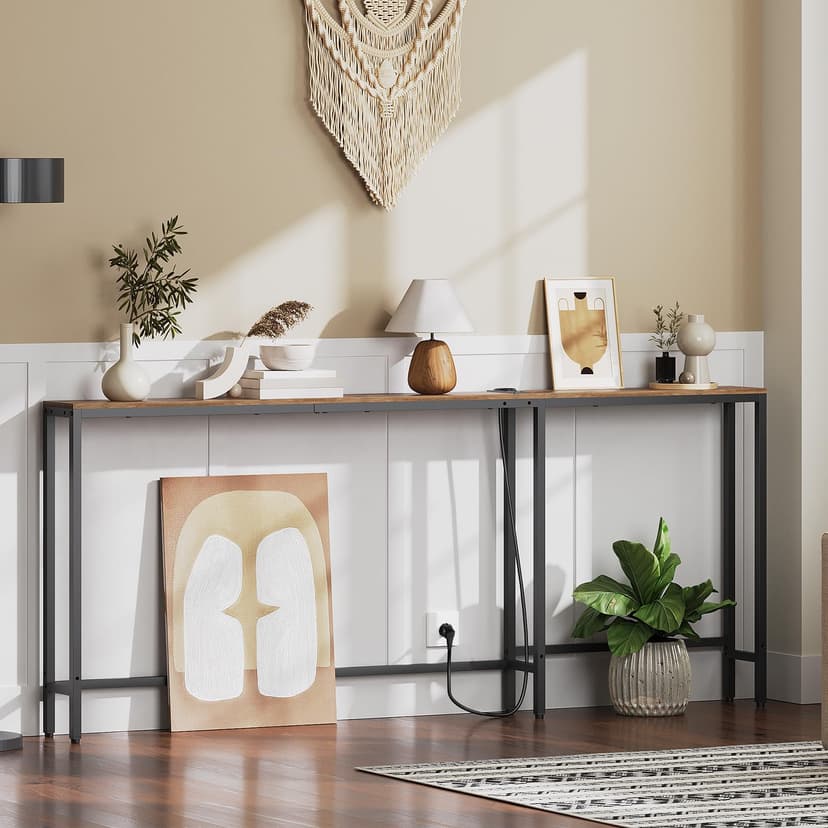 YATINEY Narrow Console Table Entrance Table 15cm Wide Hallway Table 1AC and 2 USB Ports Living Room Hallway Behind Sofa 3 Combination Modes Vintage Brown and Black XCT07CBR - 2
