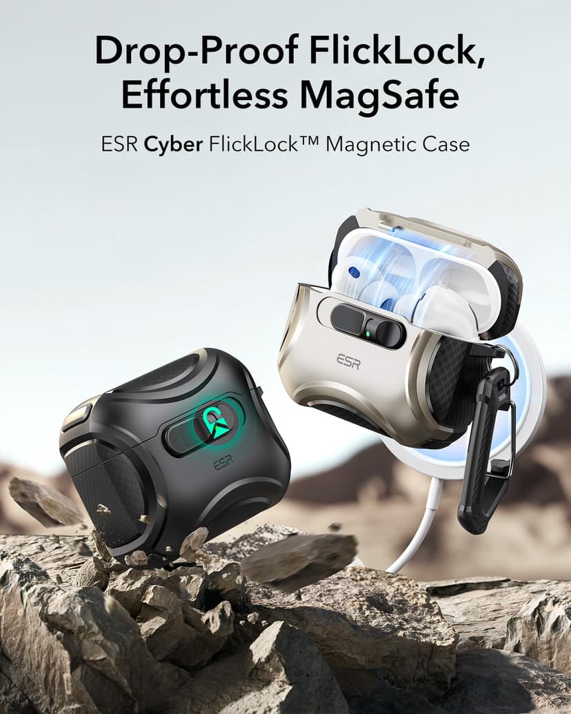ESR Coque pour AirPods Pro 3 (2025), Compatible avec Les AirPods Pro 3e Génération (câble USB-C), MagSafe Simplifié, Verrouillage Antichute, Ouverture Facile, Série Cyber, Titane - 3