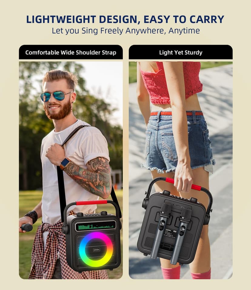 Karaoke Machine 2 Wireless Microphones, Portable Bluetooth Speaker w/PA System for Adults & Kids with LED Lights, Bass/Treble Adjustment, Supports REC/TWS/FM/AUX/USB/IF Card for Party - 7