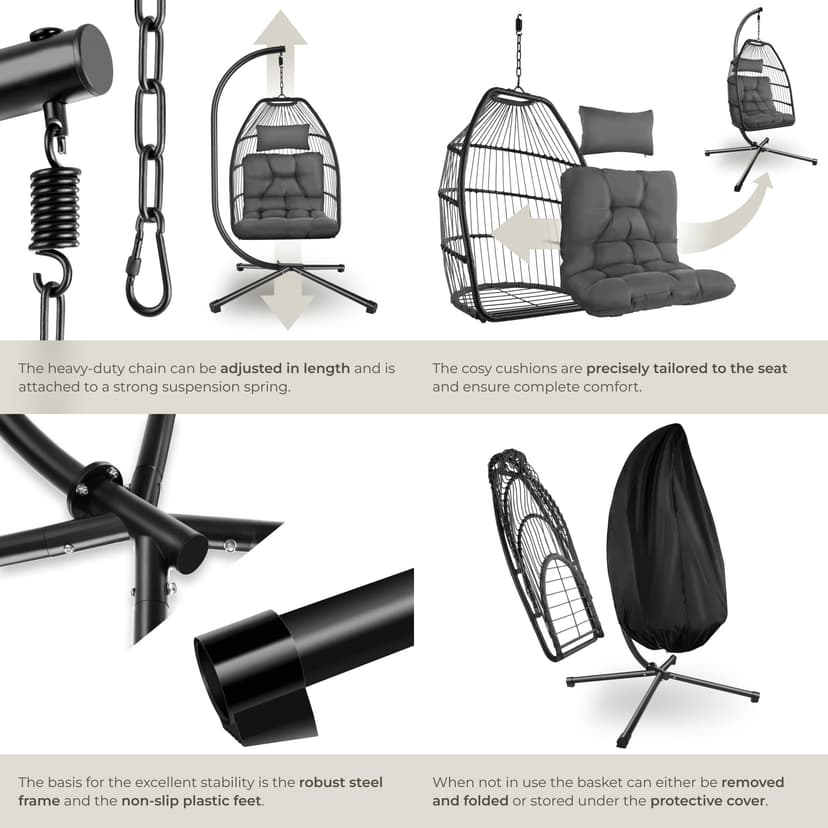 tectake® Luxurious Egg Chair with Stand, Thick Cushions, Polyrattan Weave, Rotatable & Height-Adjustable, Steel Frame, Incl. Protective Cover - Ideal Hammock Chair for Garden, Patio & Balcony - Grey - 5