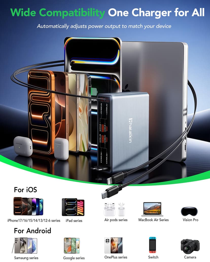 HATALKIN Multi Charger USB C 105W 4 Retractable Charging Station, 4 Ports GAN Chargers and Adapters, for iPhone 17/17 Pro/16/15/14/13, iPad, MacBook Air Series/Samsung Galaxy Tab S8 Series - 3