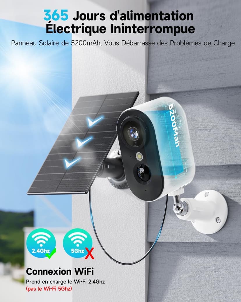 2K Outdoor Surveillance Camera Battery Solar Panel Camera Surveillance Outdoor WiFi Colour Night Vision Wireless Cameras Outdoor Indoor PIR Motion Detection IP66 2.4GHz 2 - 4