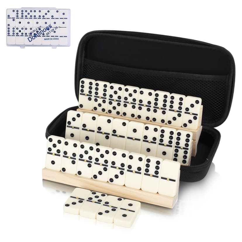 LOVITERRA Double 6 Dominos Set for Adults, Durable 28 Tiles Dominos with 4 Wooden Racks and Carrying Case,Classic Board Games,Portable Travel Game - 1