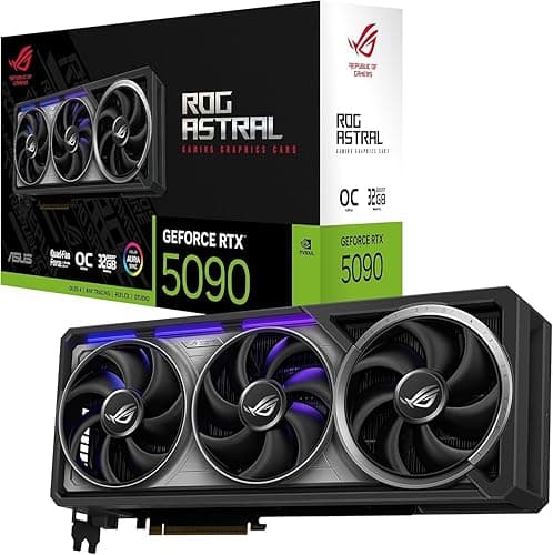 ASUS ROG Astral GeForce RTX 5090 32GB GDDR7 OC Gaming Graphics Card (PCIe 5.0, 2x HDMI, 3x DisplayPort, 3.8-slot, 4 Fans Patented Cooling Tech for Lower Temps Noise, NVIDIA DLSS4, 8K Resolution, ARGB)