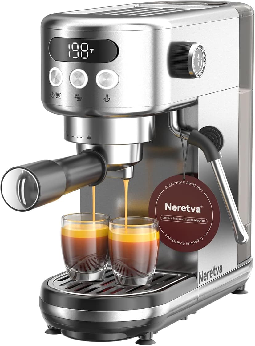 Neretva Coffee Maker 20 Bars, Espresso Coffee Maker 1350W Ultra Compact Stainless Steel with LED Display & Vaporizer & 1.3 L Tank Coffee Machine Professional Domestic – Espresso/Macchiato/Latte - 1