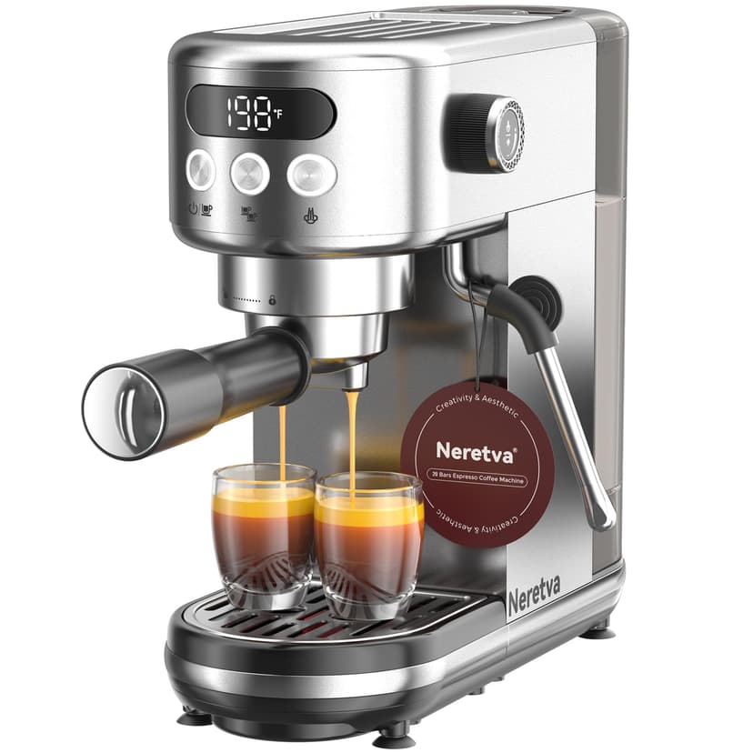 Neretva Machine a Cafe, 20 Bar Cafetière Expresso 1350W Compacte En Acier Inoxydable Avec Mousseur À Lait & Écran LED Machine à Cafe Utiliser Pour La Maison Capacité 1,3L - Espresso/Macchiato/Latte - 1