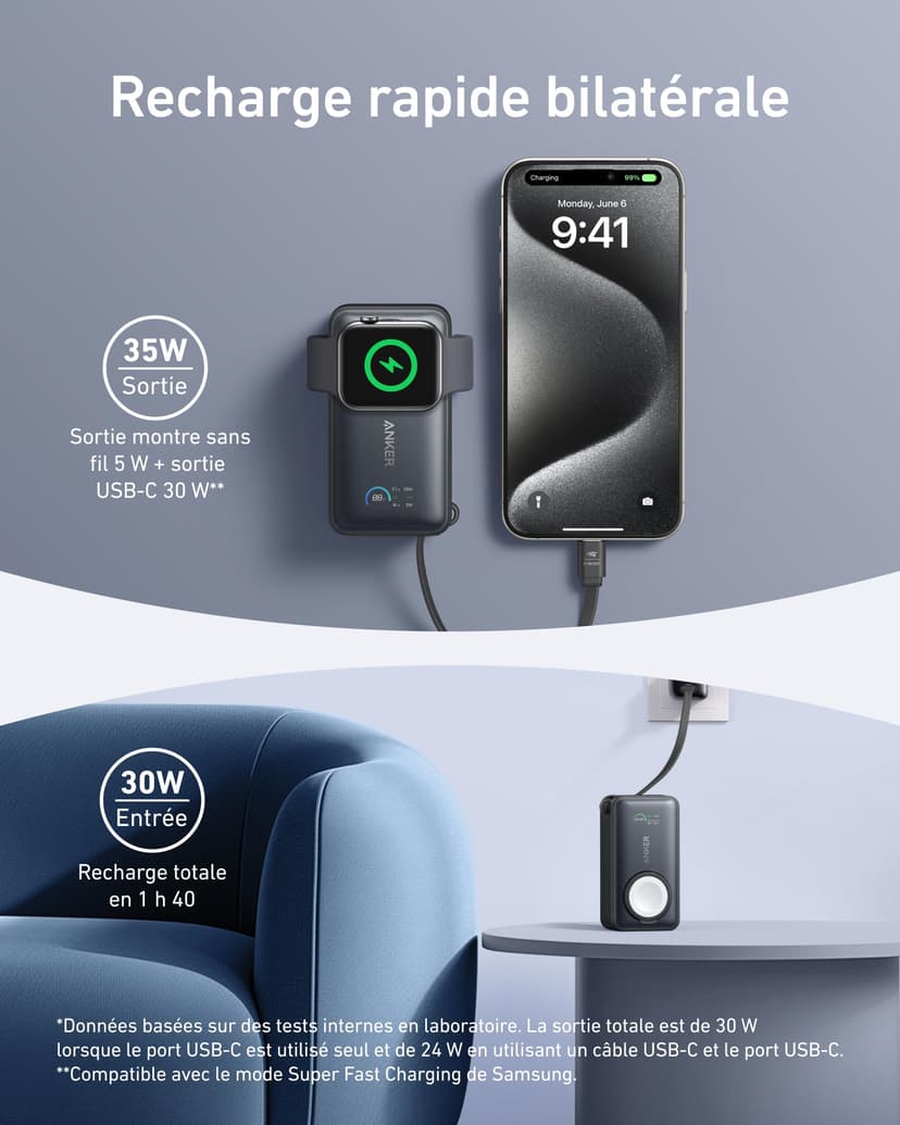 Anker Batterie Externe Magnétique 10000 mAh PD 35W avec câble USB-C intégré, Power Bank Charge Rapide, pour Apple Watch, iPhone 17 Pro Max/17/15/14/13, Samsung, iPad, AirPods et Autres (Noir) - 3