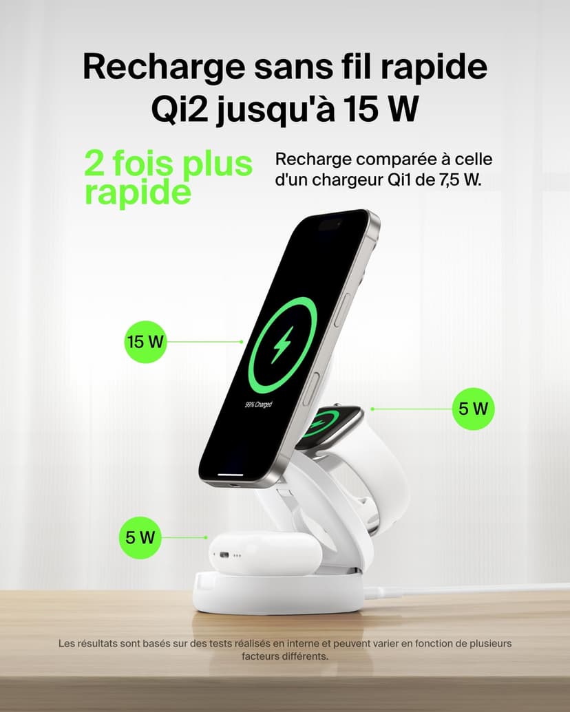 Belkin BoostCharge Station de Charge 3-en-1 Pliable, Chargeur Induction Compatible MagSafe, certifié Qi2, 15 W, pour iPhone 17, Air, Apple Watch, AirPods, Pixelsnap, Adaptateur 36W Inclus - Blanc - 3