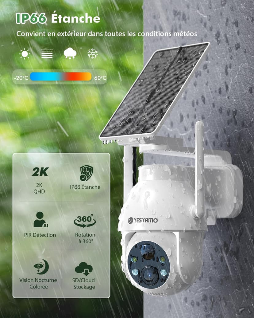 YESYAMO 2K Wireless Solar WiFi Surveillance Camera, 2.4GHz Solar Outdoor Camera with Solar Panel, 360° PTZ, Night Vision, Two-Way Audio, PIR Siren (White) - 6