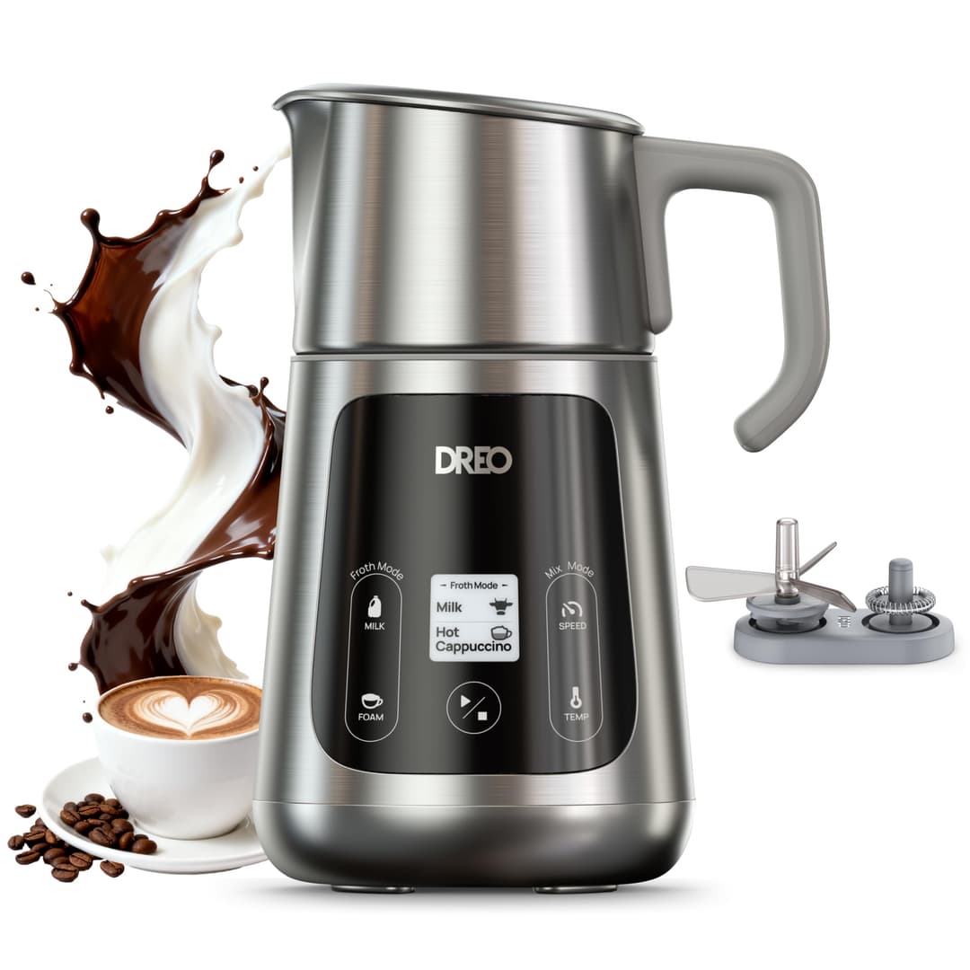 DREO Mousseur à Lait Électrique [Amélioré], Mousseur Automatique All-in-1 de 450ml pour Lait, Cappuccino, Chocolat Chaud, Plus de 30 Boissons, Facile à Nettoyer, Lavable au Lave-vaisselle, Écran LED