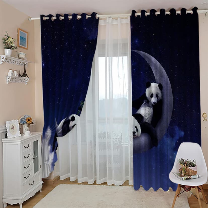 Rideau Thermique Occultant Isolant Anti Chaleur Et Anti Froid Fenetre Extérieur Grande Largeur 3D Panda De Dessin Animé Étoile 170X200Cm Lot De 2 Rideau Salon Chambre Enfant Moderne Rideaux À Oeillet - 3