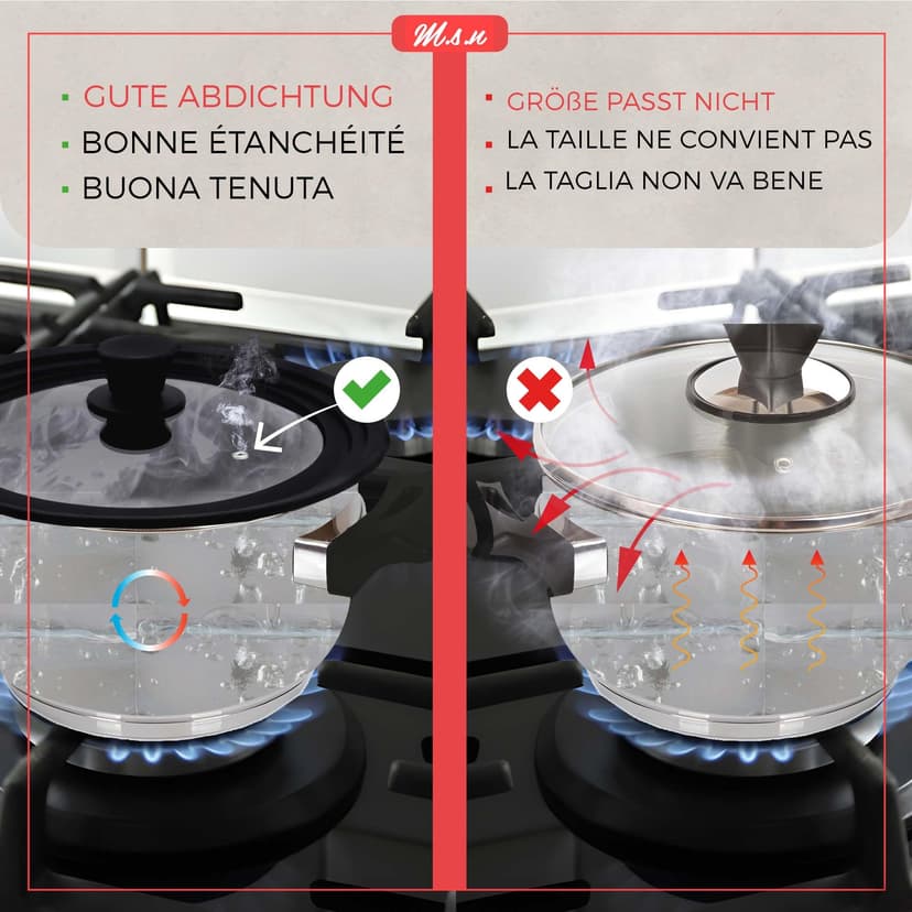 Set of 3 universal glass lids, 3-piece, pots and pans 16/18/20 cm & 24/26/28 cm & 28/30/32 cm, with outlet valve and silicone rim. (black) - 7