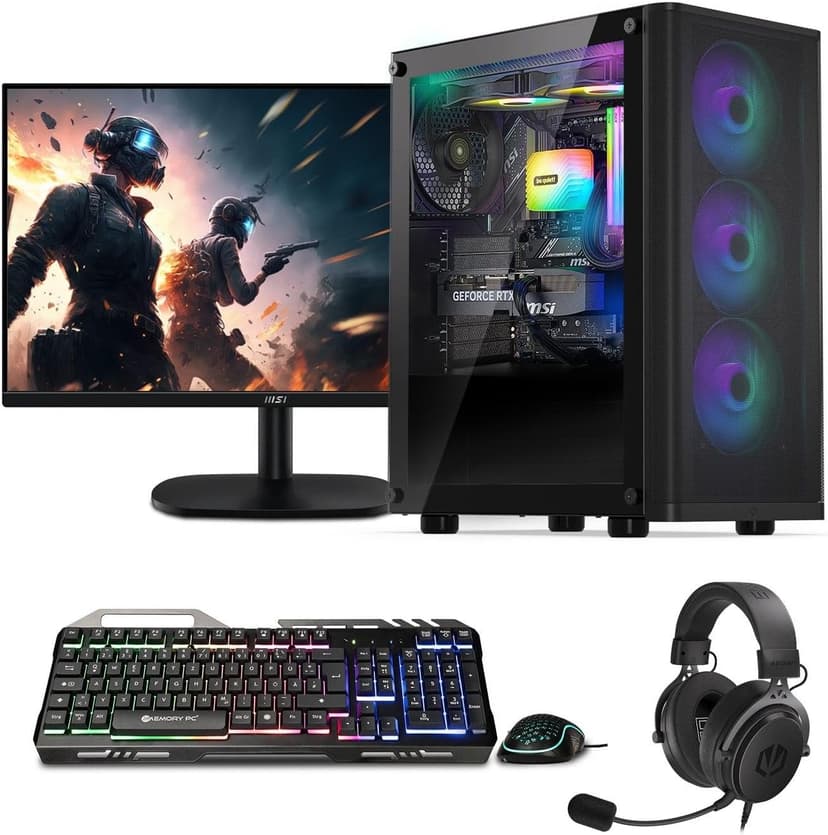 Gaming PC Complete Set, Ryzen 7 5700G, 16GB DDR4, 1000GB SSD M.2, Win 11 Pro 64bit + 24 Inch 100Hz Gaming Monitor + Keyboard, Mouse, Headphone Set, WiFi - 1