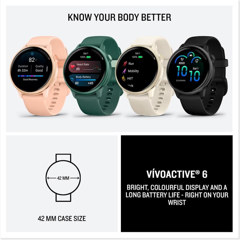 Garmin vívoactive 6, 42mm GPS smartwatch, AMOLED touchscreen, all-day health monitoring, personalised fitness features, advanced sleep coaching, Music, up to 11 days battery life, Bone/Lunar Gold - 8