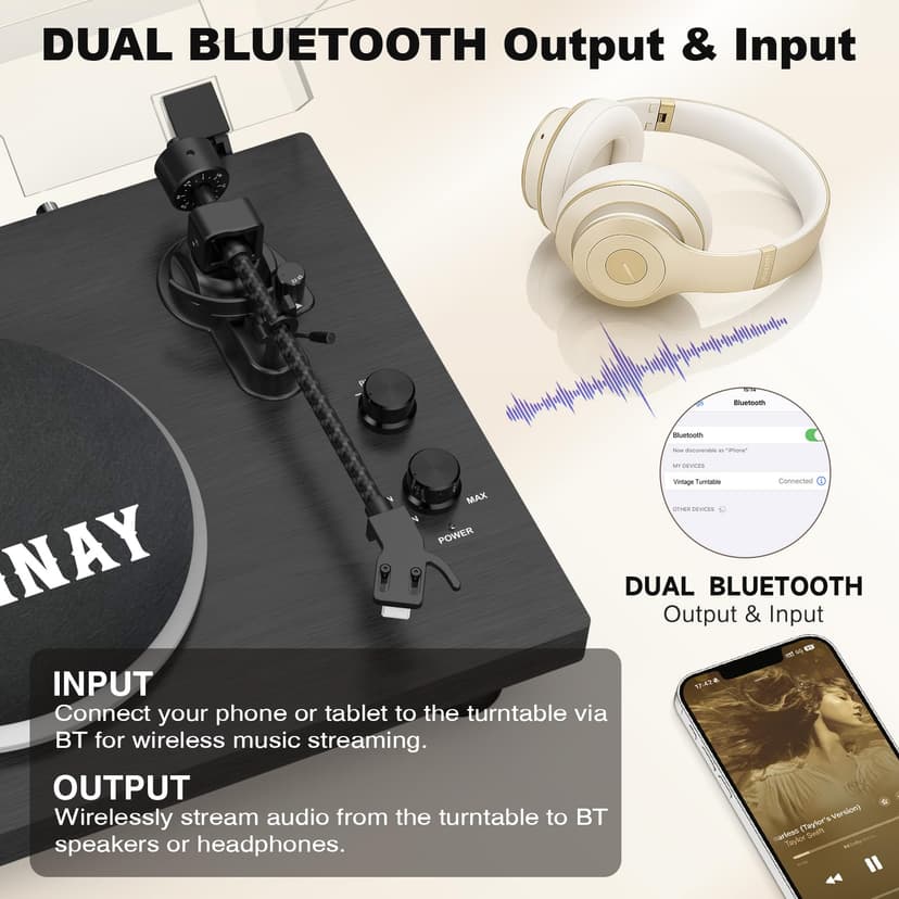 Trynnay Giradischi, Lettore con Contrappeso Regolabile, Bluetooth In/Out, 33/45 RPM, Riproduce Dischi in Vinile da 7/10/12 Pollici, Suono Hi-Fi per gli Appassionati di Musica, Nero - 2