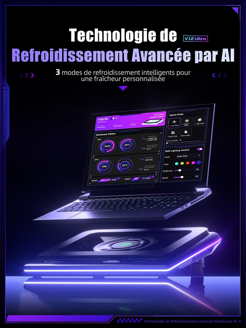 llano V12 Ultra Refroidisseur d'Ordinateur Portable avec Contrôle Logiciel Intelligent de Température, Ventilateur Turbo 5,5 Pouces, 3 Ports USB 3.0 pour Ordinateur Portable 15,6-19 Pouces. - 2