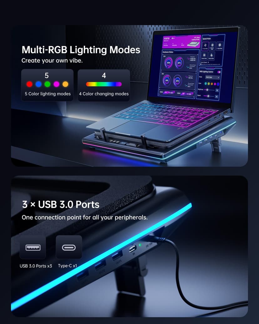 llano V12 Ultra Laptop Cooling Pad with Intelligent Software Control, RGB Gaming Laptop Fan Cooler Stand, 5.5" Turbo Fan, Adjustable Speed, 3*USB 3.0 Ports, Ergonomic Design, for 15.6"-21" Laptops - 7