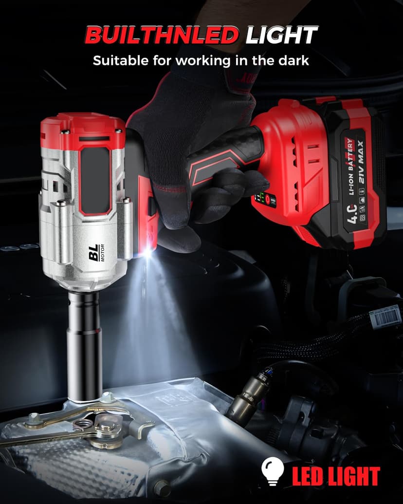 XIAZIR Cordless Impact Wrench 1200 Nm, 1/2 inch Impact Gun, 21V 4.0Ah×2 Batteries & Fast Charger, 3-Speed Control with LED Light, Includes 5 Sockets + Extension Bar + Carry Case - 6