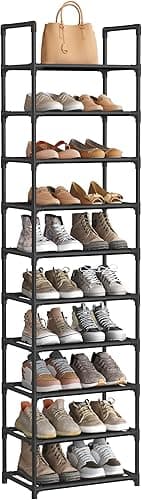 SONGMICS 10-Tier Shoe Rack, Shoe Stand, Space-Saving Shoe Storage, 45 x 28 x 173 cm, Metal Frame, Non-Woven Fabric Shelves, for Hallway, Bedroom, Black LSH010B02