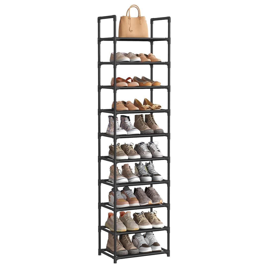 SONGMICS 10-Tier Shoe Rack, Shoe Stand, Space-Saving Shoe Storage, 45 x 28 x 173 cm, Metal Frame, Non-Woven Fabric Shelves, for Hallway, Bedroom, Black LSH010B02