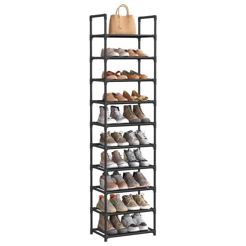 SONGMICS 10-Tier Shoe Rack, Shoe Stand, Space-Saving Shoe Storage, 45 x 28 x 173 cm, Metal Frame, Non-Woven Fabric Shelves, for Hallway, Bedroom, Black LSH010B02 - 1