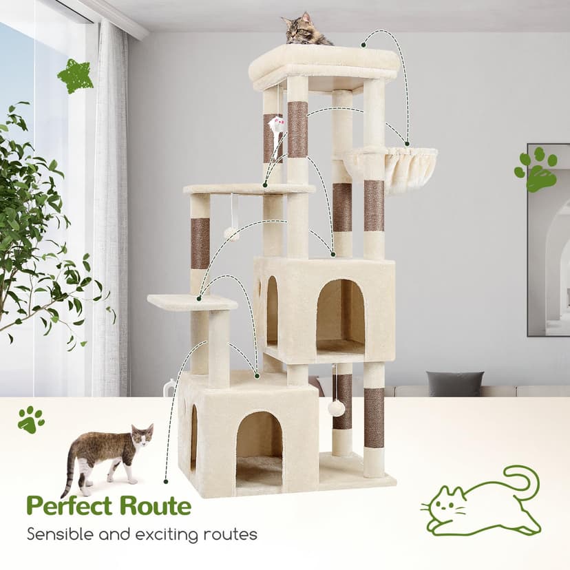 Globlazer Beige Scratching Post for Adult Cats Stable with Large Base 72 x 45 cm, 2 Cave, Padded Platform, Basket, Scratching Post 156 cm High for Cat Resting Play Indoor (F61, Beige) - 6