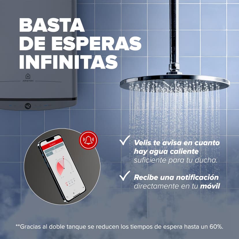 Ariston Velis Pro Wifi Electric Water Heater Low Power Consumption Multiple Positions 100L Flat with Wi-Fi and ECO EVO Function, 127.2 x 27.5 x 51.1 cm, for Installation in Spain - 3
