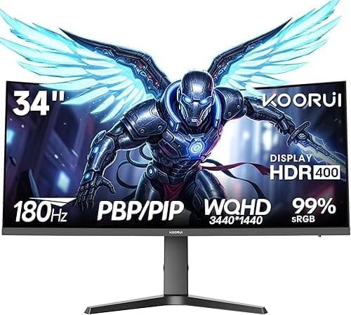 KOORUI 34-Zoll Curved Monitor,Gaming Bildschirm,WQHD 3440×1440 VA,180Hz + 1 MS MPRT,HDR400,99% sRGB, unterstützt 110mm Höhenverstellung,Schwarz,Für Heimkino,Büroalltag,Designbearbeitung