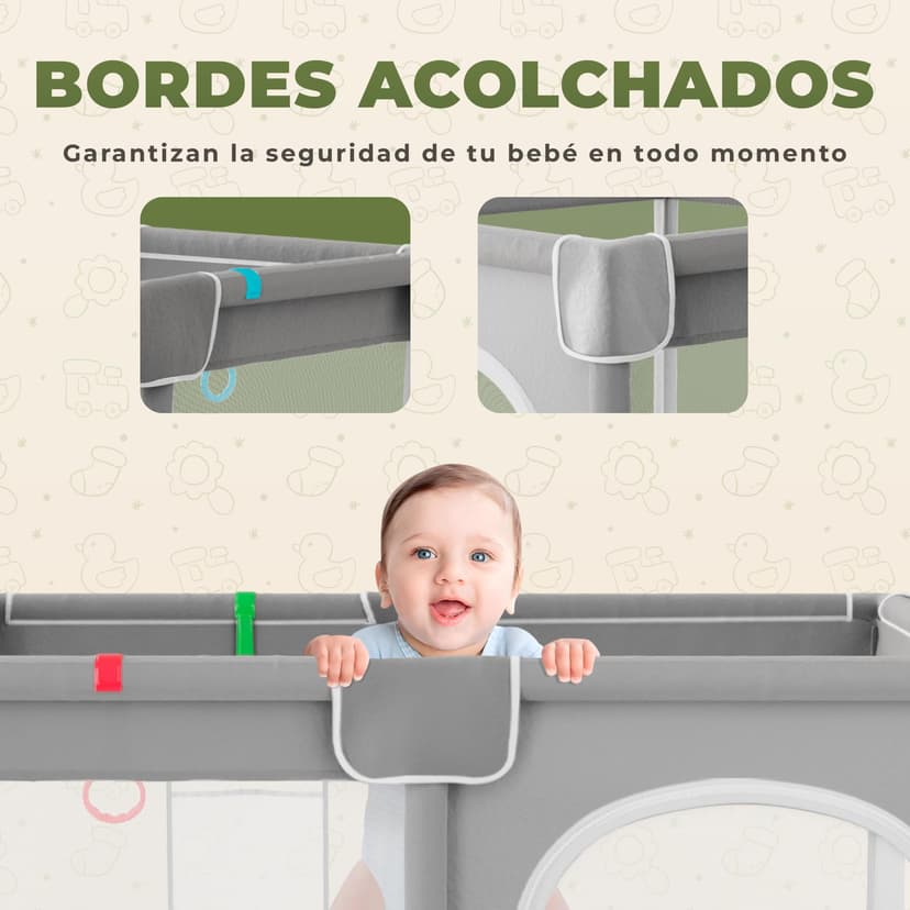 JUPPLIES Parc Bébé Sécurisé avec Tapis 120×120 cm – Aire de Jeu Carrée pour Enfant 6–24 mois, Filet Respirant 360°, Structure Stable Antidérapante, 2 Poignées Incluses - 3