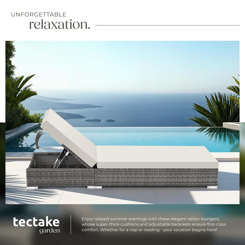 tectake® 3PC Rattan Sun Lounger with Aluminium Frame, Garden Furniture Set with 2 Loungers, Including Side Table, Cushions and 2 Cover Sets, 5-level Reclining Garden Chair - grey - 5