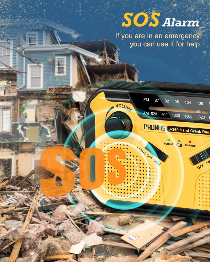 PRUNUS J-369 Wind Up Radio Solar, AM/FM Emergency Hand Crank Radio, Battery Radio with 3000mAh Power Bank, LED Torch, SOS Alarm, USB Phone Charger Perfect for Emergencies & Outdoor Survival - 7