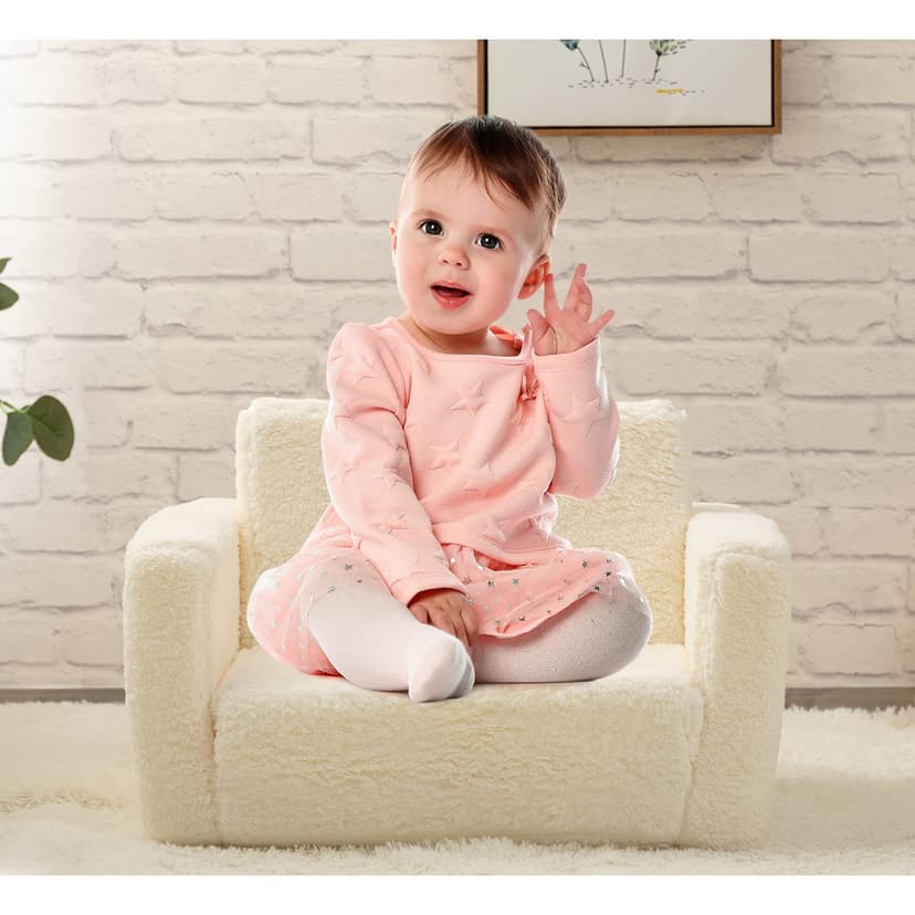 BEJOY Kids Sofa Bed 2-in-1 Flip Out Cuddly Sherpa Toddler Couch Convertible Chair to Lounger Children Sofa Bed Children's Day and Birthday Gift for Girls Boys, White - 2