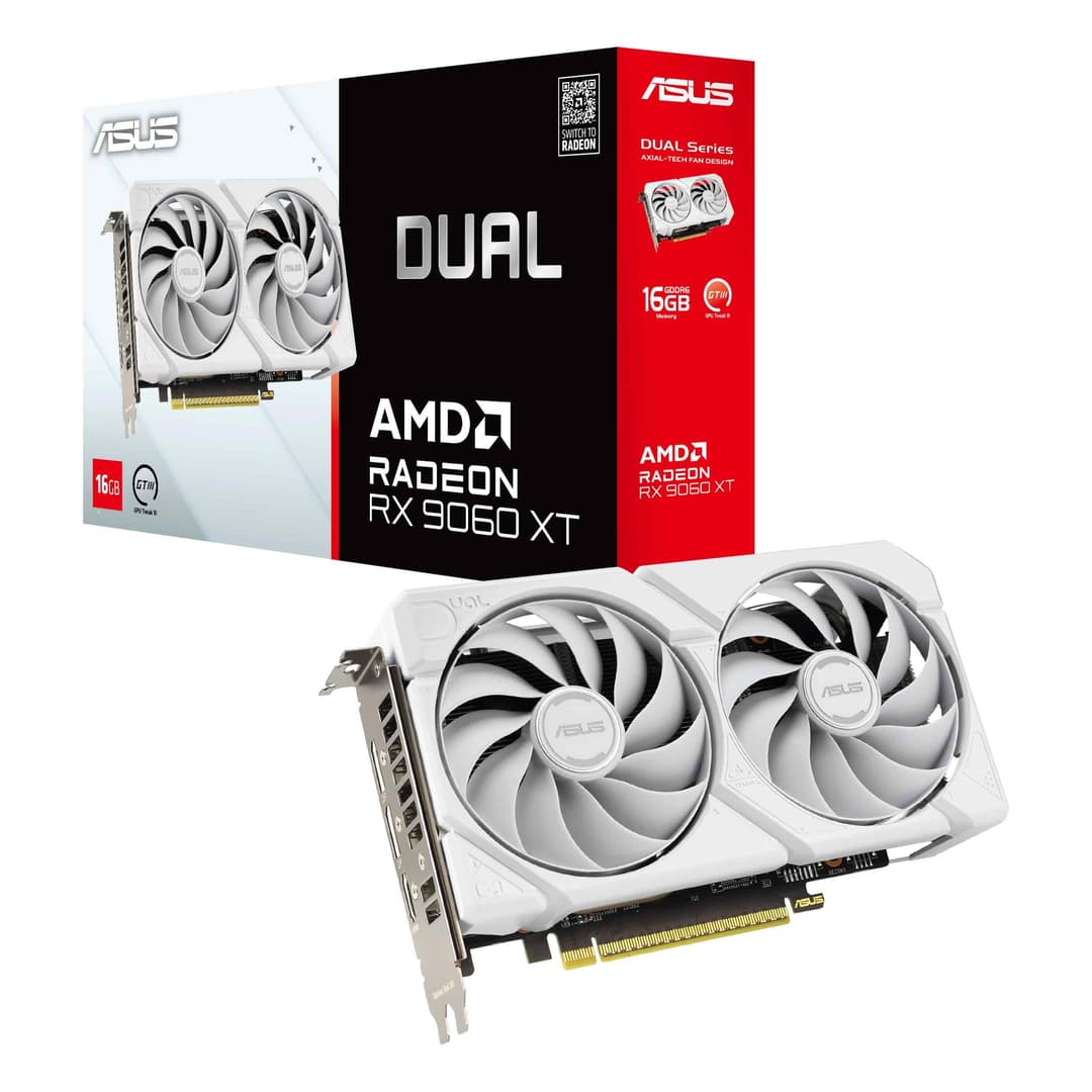 ASUS Dual Radeon RX 9060 XT 16GB GDDR6 White Edition (PCIe 5.0, 16gB GDDR6, HDMI 2.1b, DisplayPort 2.1a, 2.5-slot design, Axial-tech fan design, 0dB technology, and more)