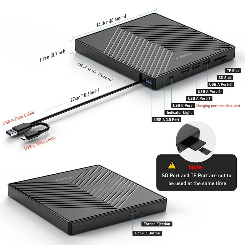 ORIGBELIE External CD DVD Drive, Ultra Slim CD Burner USB 3.0 with 4 USB Ports and 2 TF/SD Card Slots, Optical Disk Drive for Laptop Mac, PC Windows 11/10/8/7 Linux OS - 6
