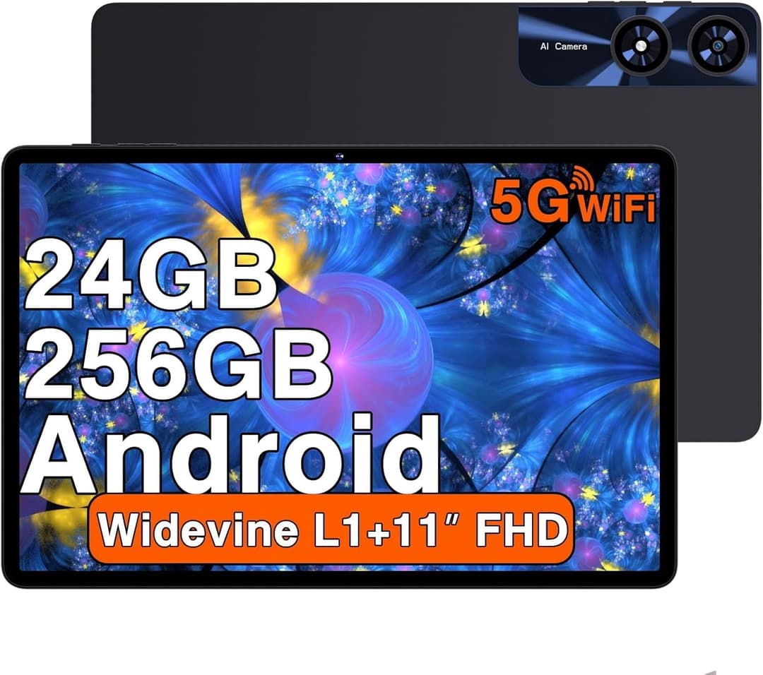 Tablet 11 Inch Android with 24GB RAM 256GB ROM TF 1TB, Octa-Core 2.0 GHz, 5G WiFi 6, Bluetooth 5.0, Widevine L1, 5MP+13MP, 8000mAh, 1280 x 800 IPS FHD, Face Detection, GPS, Tablet with Case, Black
