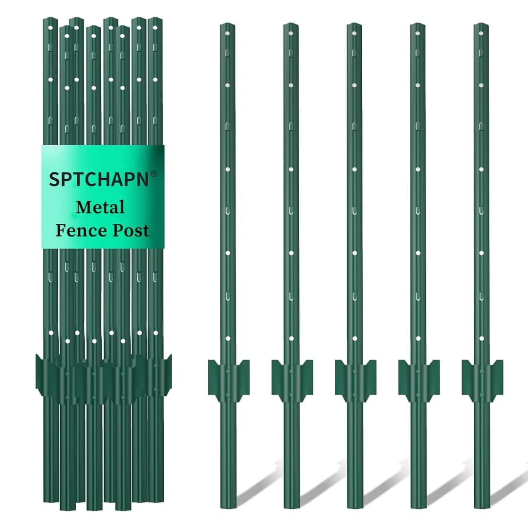 sptchapn 91cm / 3ft Strong and Durable Metal Fence Post, Pack of 5 for Garden Patio and Outdoor Wires U-Fence Post Green T-Posts (5)
