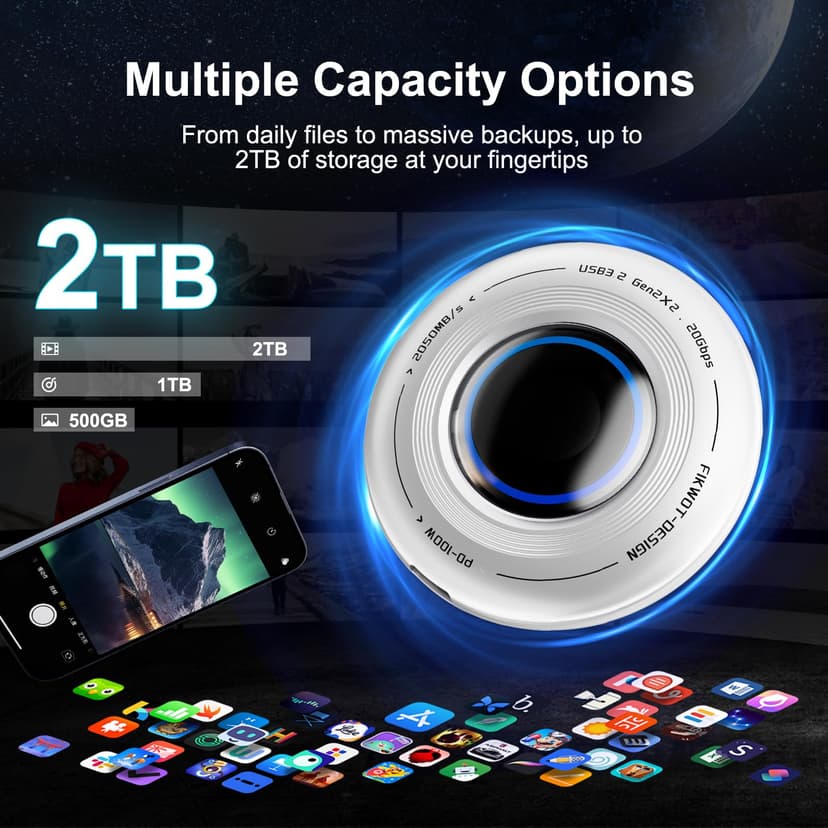 FP108 2TB Magnetic Portable SSD, External Solid State Drives with PD-100W and 2050MB/s USB-C 3.2 Gen 2x2, Play While Charging, Compatible with iPhone 16/15 Pro Max, Android, PC, Mac, Switch Lite - 7