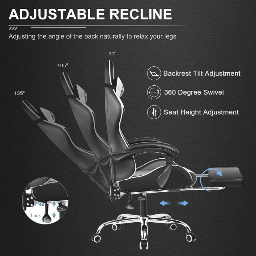 GTPLAYER Gaming Chair, Massage Computer Chairs with Footrest, Headrest and Lumbar Support Height Adjustable Ergonomic 360°-Swivel PC Chair White - 8