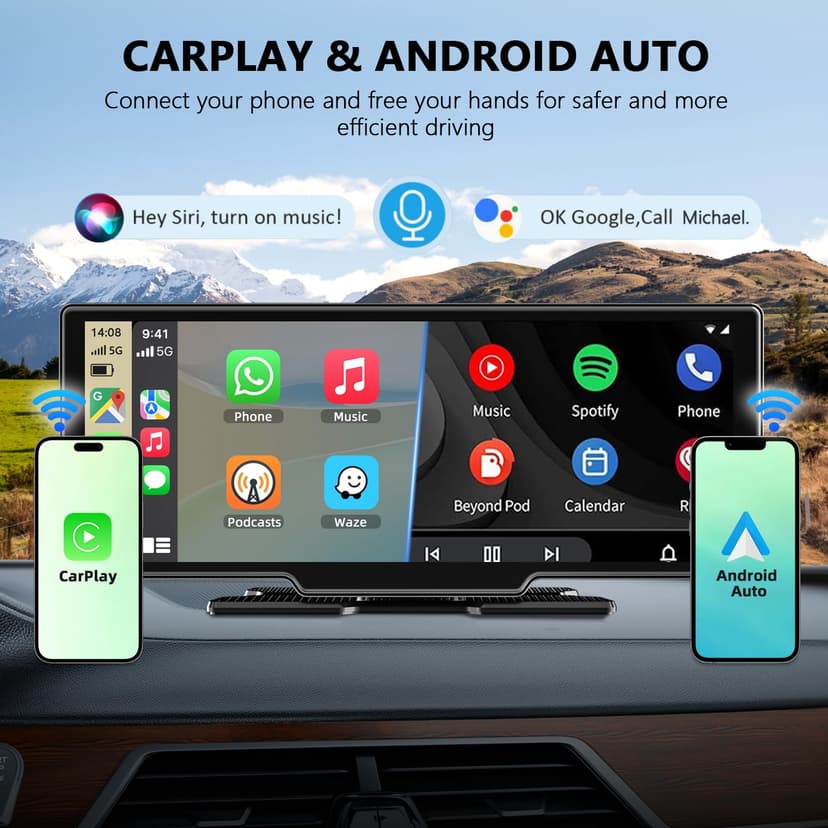 Wireless Car Stereo for Apple CarPlay and Android Auto, 10.26 Inch Touch Screen Car Radio with 4K Dashcam Front and Rear Camera 1080P HD/Bluetooth/FM/AUX/64G TF/Mirror Link/Voice Control/GPS - 2