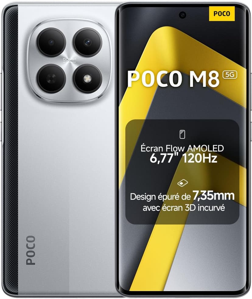 XIAOMI POCO M8 5G Smartphone, 8+ 512 Go, Argenté, Téléphone, IP66, Résistance à la poussière et à l'eau, Batterie Massive de 5520 mAh, 6.77", 120Hz, 45W, avec Chargeur, sans NFC - 1