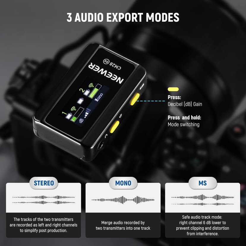 NEEWER CM28 Wireless Lavalier Microphone System with Charging Case, 2 Mic Clips, 1 Click Noise Canceling, 4GB Storage, 9H Playtime, Lavalier Lapel Mic Compatible with iPhone/Android/PC/Camera - 3