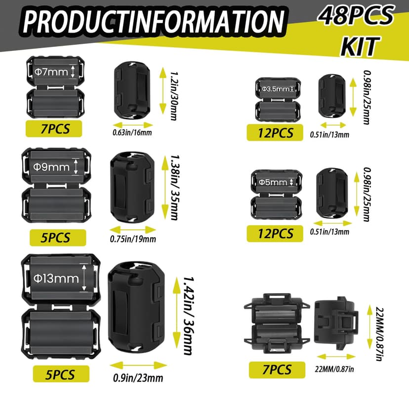 YUJUVI Ferrite Ring Core Black Clip-on Ferrite Core EMI 6 Valeurs 48 Pcs Ferrite Antiparasite Magnétique Core Clip-on Ferrite Anneau Noyau RFI EMI pour 3.5mm -13mm Diamètre Câble HDMI e USB - 2