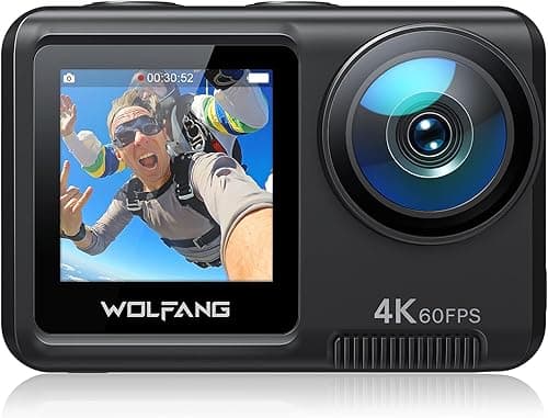 WOLFANG GA420 Dual Screen Action Camera 4K 60FPS 24MP Touchscreen Underwater Camera, 10M Body Waterproof/40M Waterproof Helmet Bike Camera with EIS, Remote Control, 2x1350mAh Batteries, Accessory Kit
