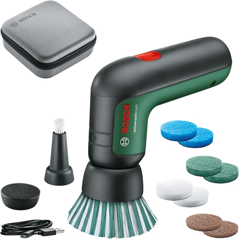 Bosch Electric Cleaning Brush Set UniversalBrush (for Bathroom Tiles, Kitchen Stove, Pans, Pots and More; 10 Cleaning Attachments Included; 3.6V Integrated Battery; Micro-USB Cable; in Soft Bag) - 1